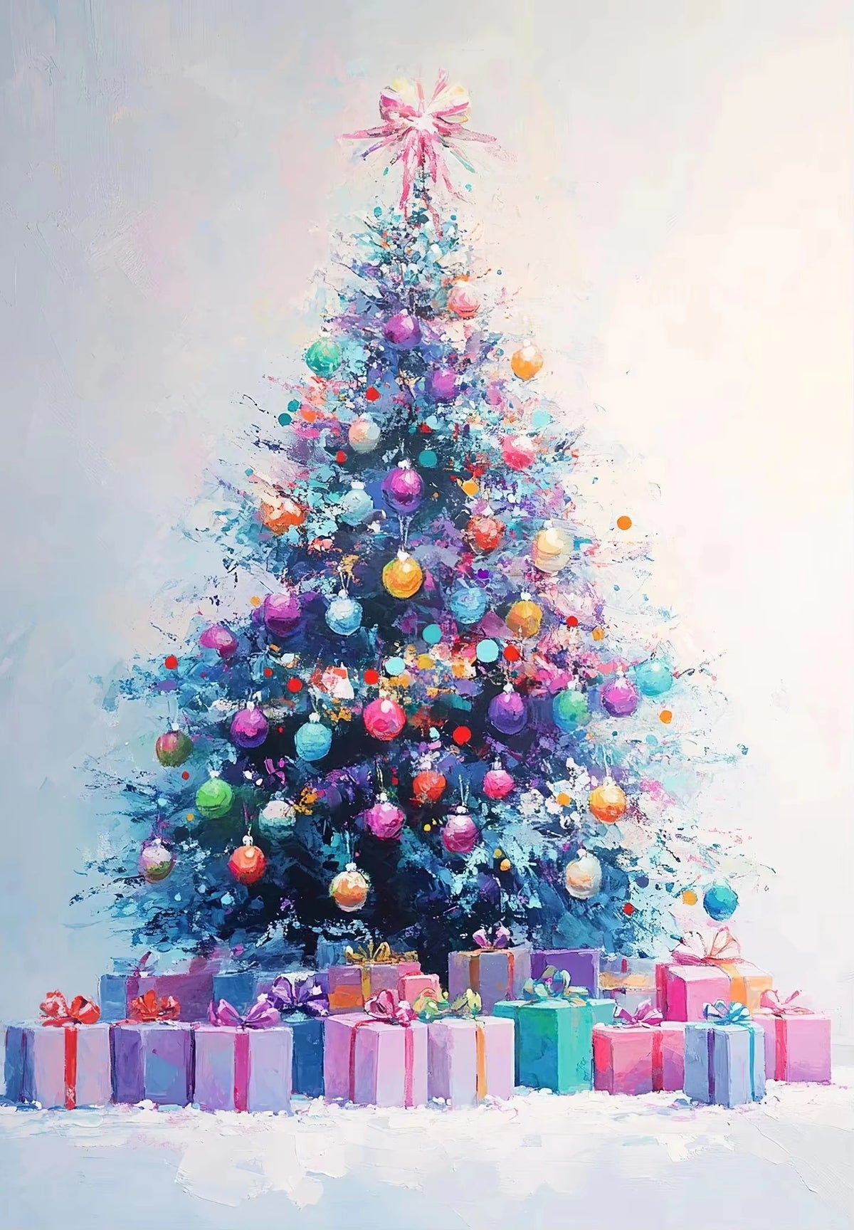 A brightly decorated Christmas tree with colorful ornaments and a pink bow, surrounded by wrapped gifts.