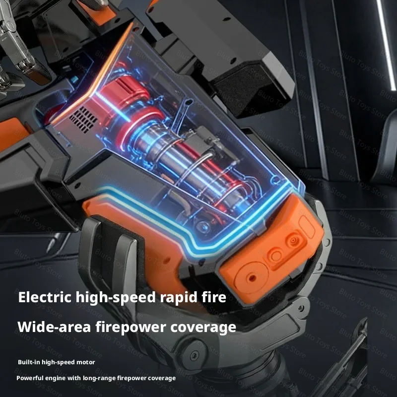 Close-up of a futuristic electric high-speed rapid fire device with glowing blue and orange accents.