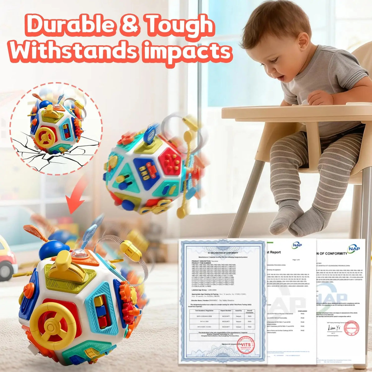 A colorful Montessori busy board cube toy is shown in use, demonstrating its durability and ability to withstand impacts.