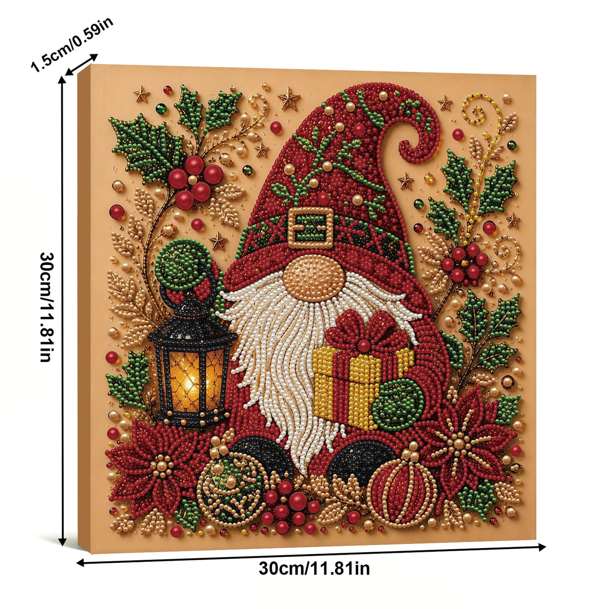 A framed diamond painting depicting a jolly Santa Claus figure adorned with red and gold elements and greenery.