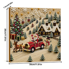 A detailed Christmas scene painting featuring a decorated tree, presents, and figures in a snowy winter landscape.