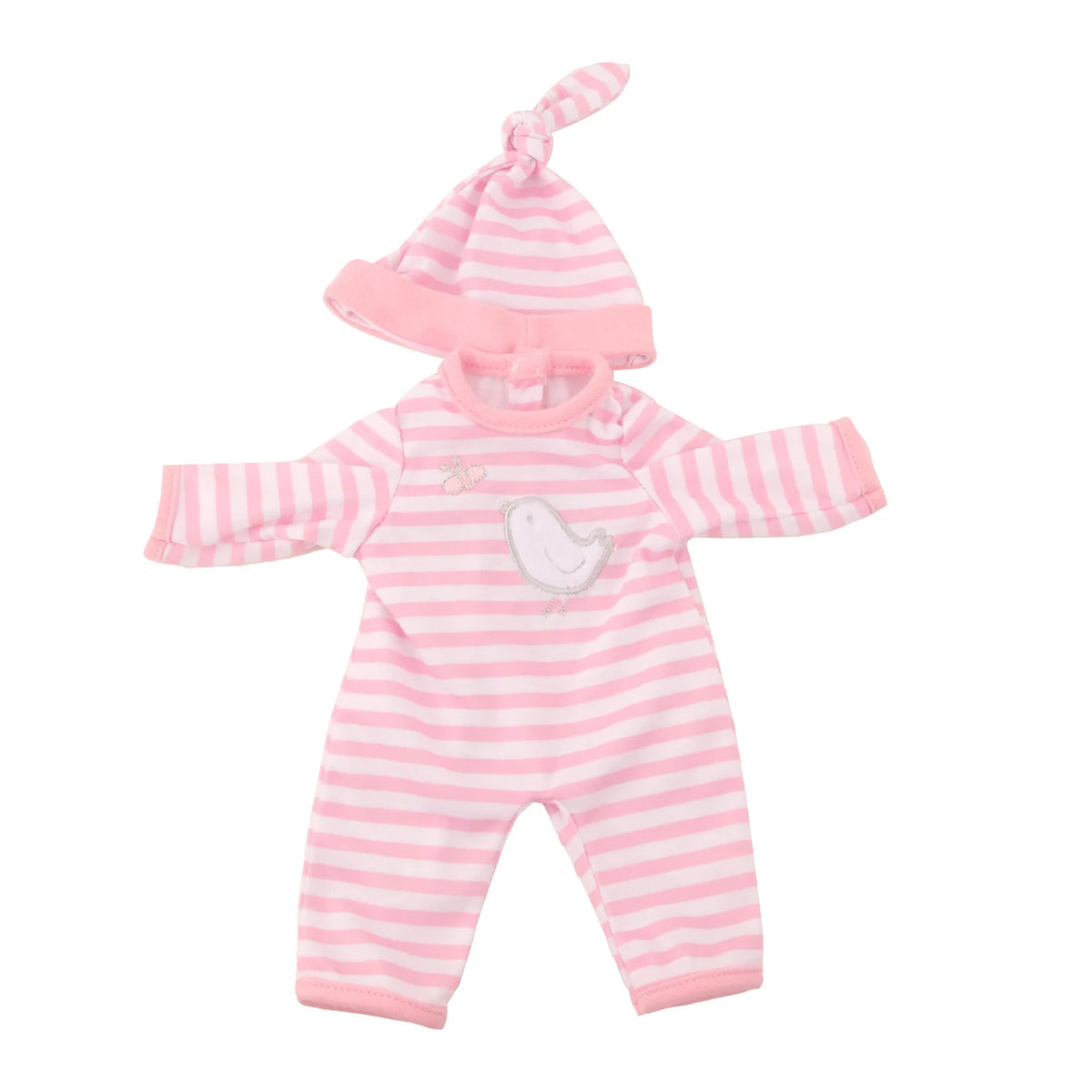 Pink and white striped onesie outfit for a baby doll