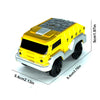 A yellow truck toy car with a gray textured roof and silver trim, shown from the side.