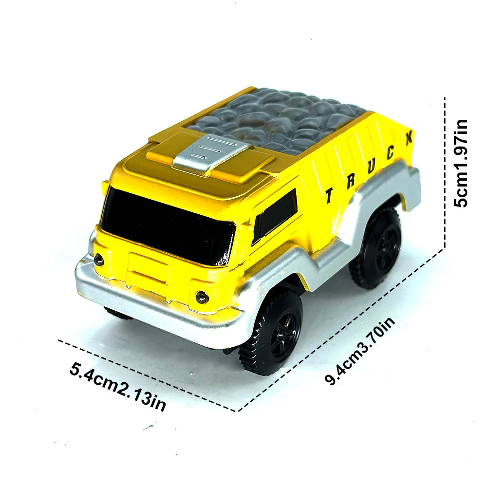 A yellow truck toy car with a gray textured roof and silver trim, shown from the side.