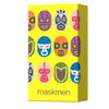 A yellow box displaying ten colorful masks arranged in a grid for a variety board game collection.