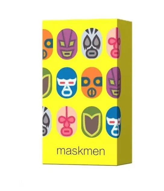 A yellow box displaying ten colorful masks arranged in a grid for a variety board game collection.