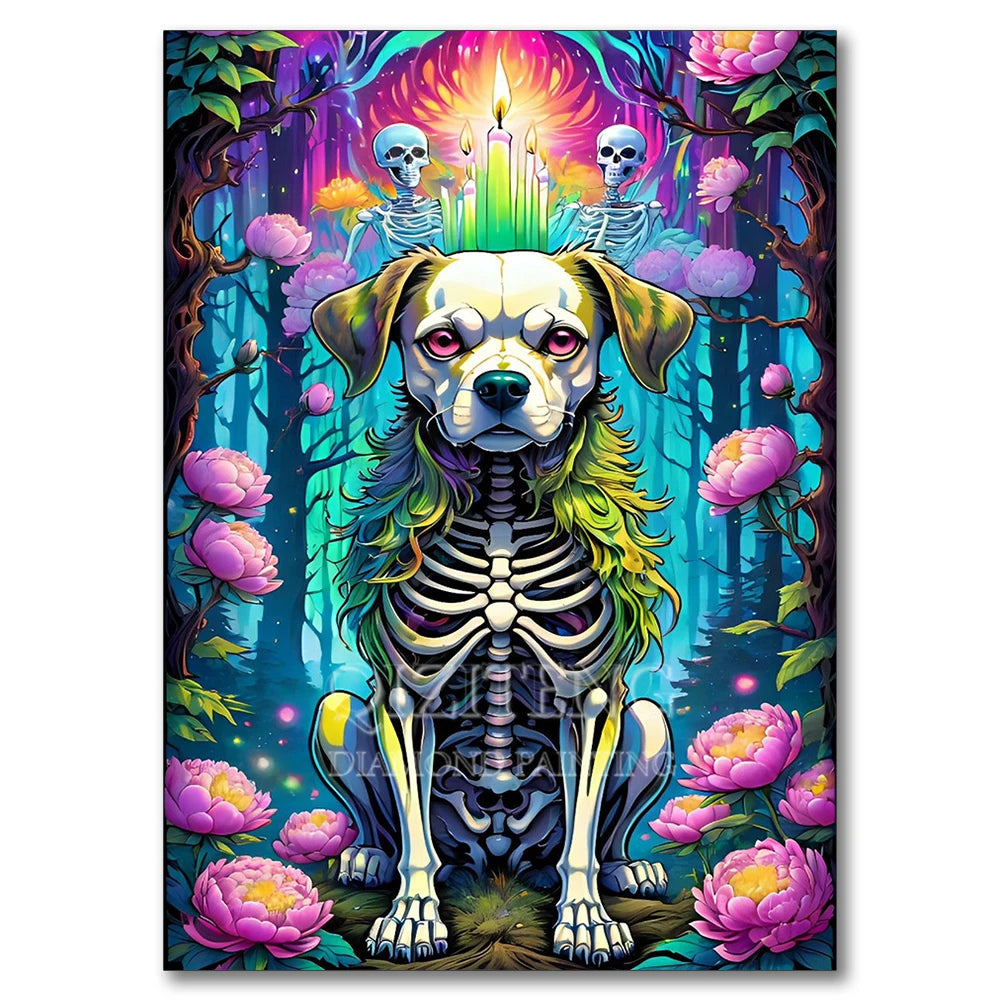 A detailed illustration of a dog skeleton mosaic art piece with vibrant flowers and a glowing candle in a dark forest setting