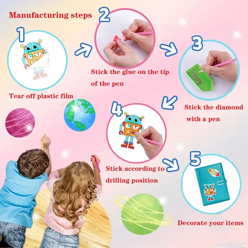 Five steps showing how to use a diamond painting sticker kit for kids, including sticking glue and decorating items.