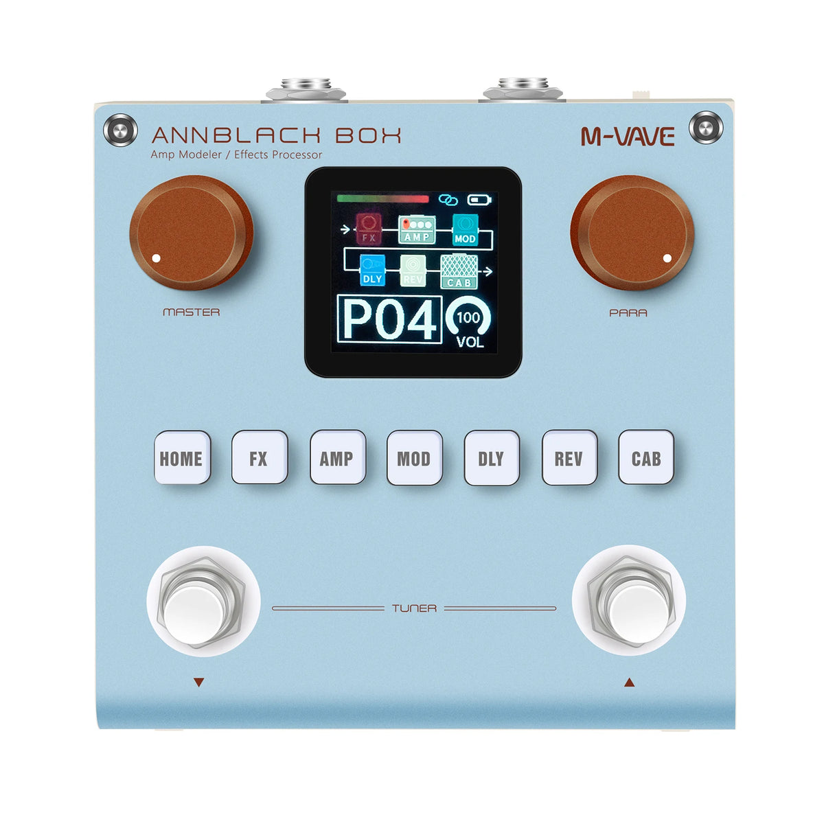A blue multi-effects pedal with a digital display, rotary knobs, and buttons for sound effects.