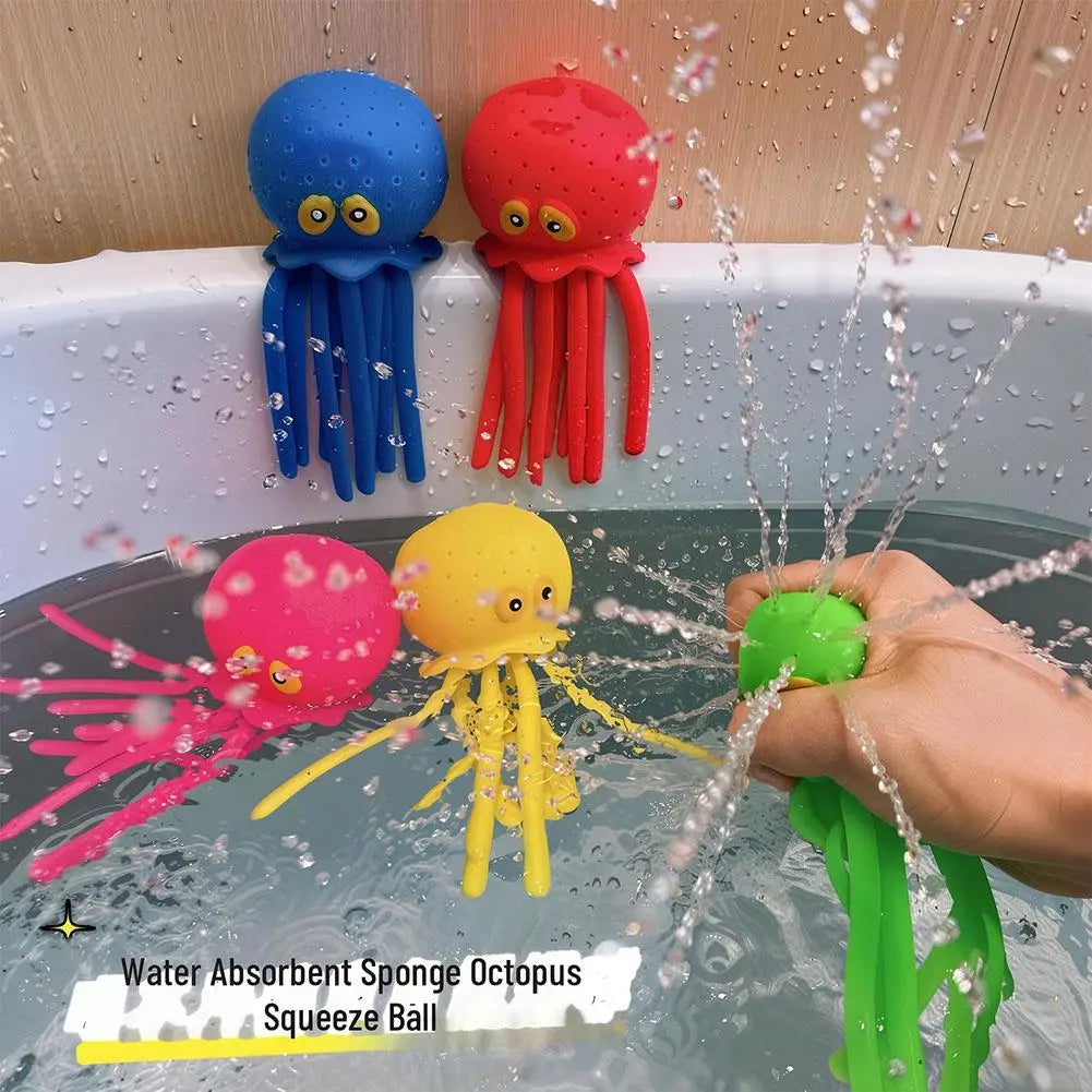 A hand is holding a yellow sponge octopus toy in water next to two other colorful octopus toys.