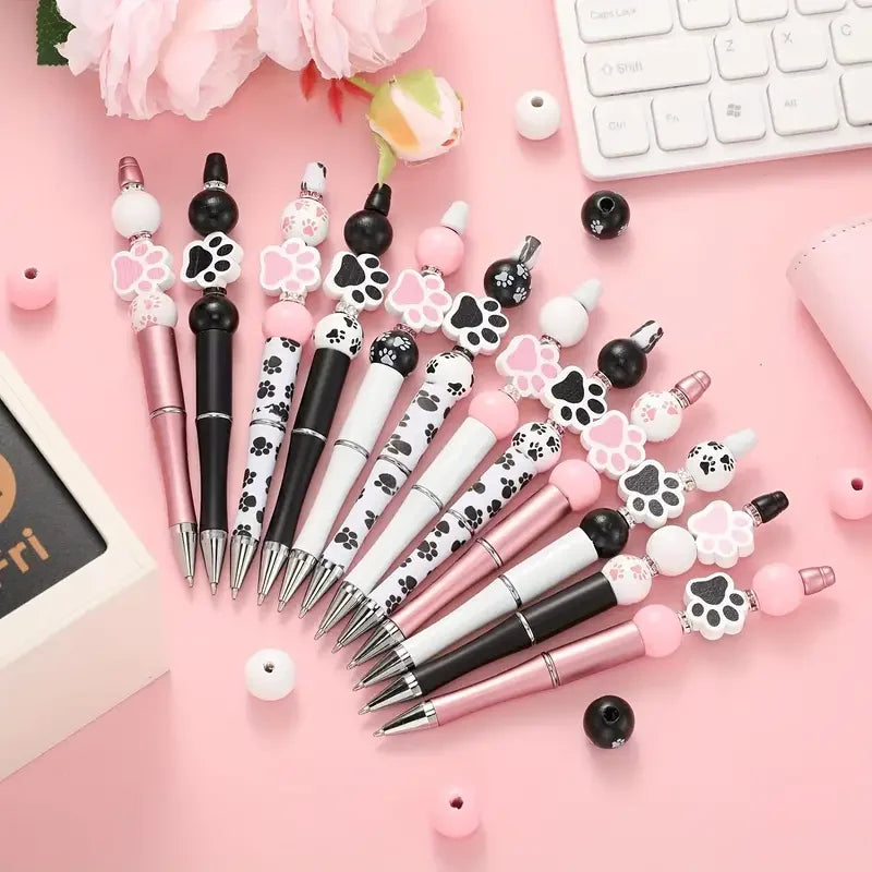 Cat Paw DIY Beaded Pen Set - 6 Pastel & Black Ballpoint Pens