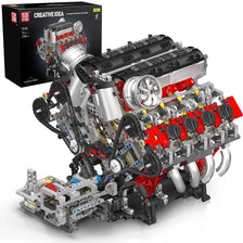 A detailed model of a motorized V8 supercar engine building kit with many small parts and components.