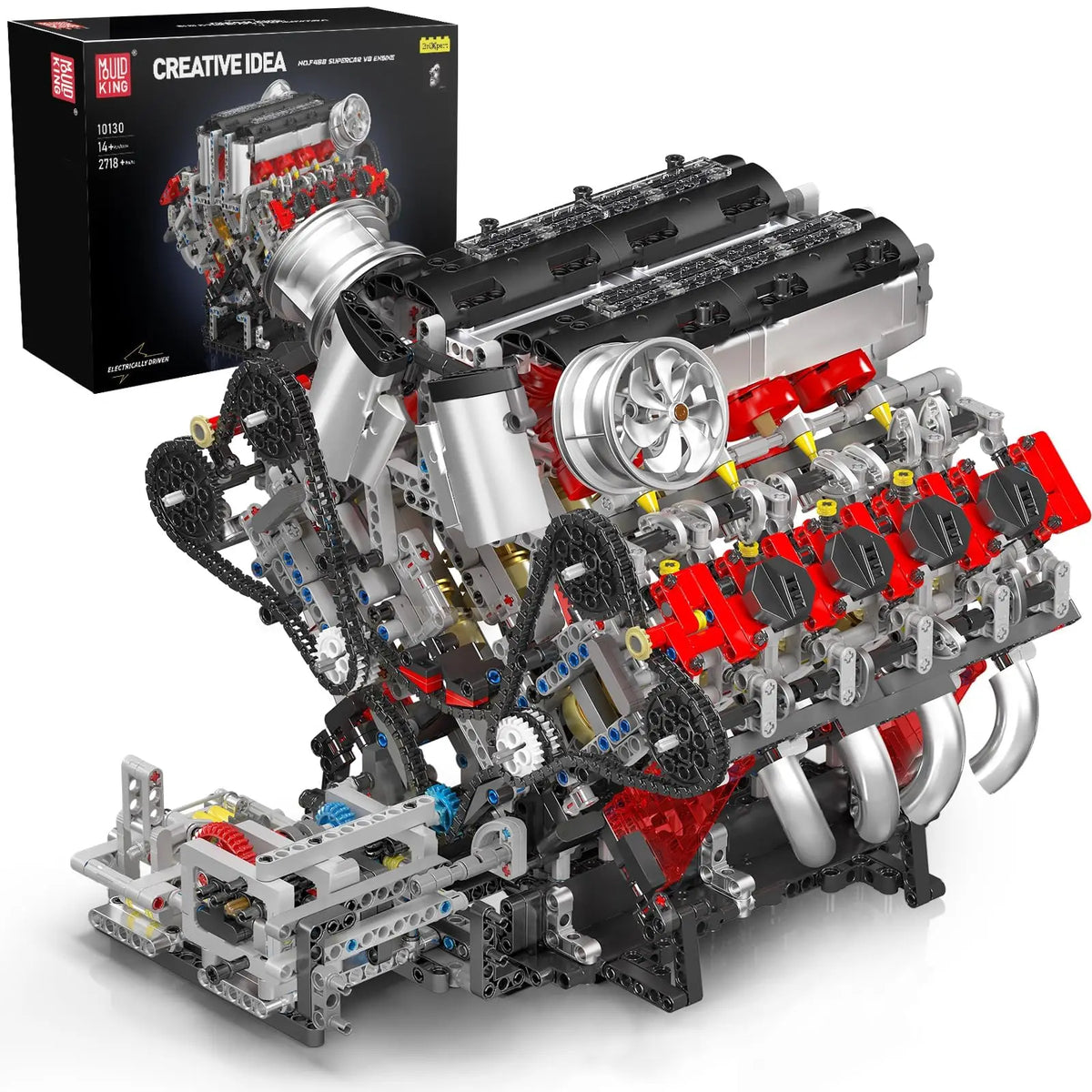 A detailed model of a motorized V8 supercar engine building kit with many small parts and components.