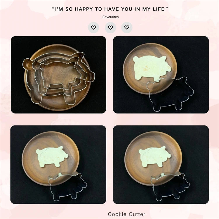 A set of pig-shaped cookie cutters made of stainless steel and wood, displayed on a black background.