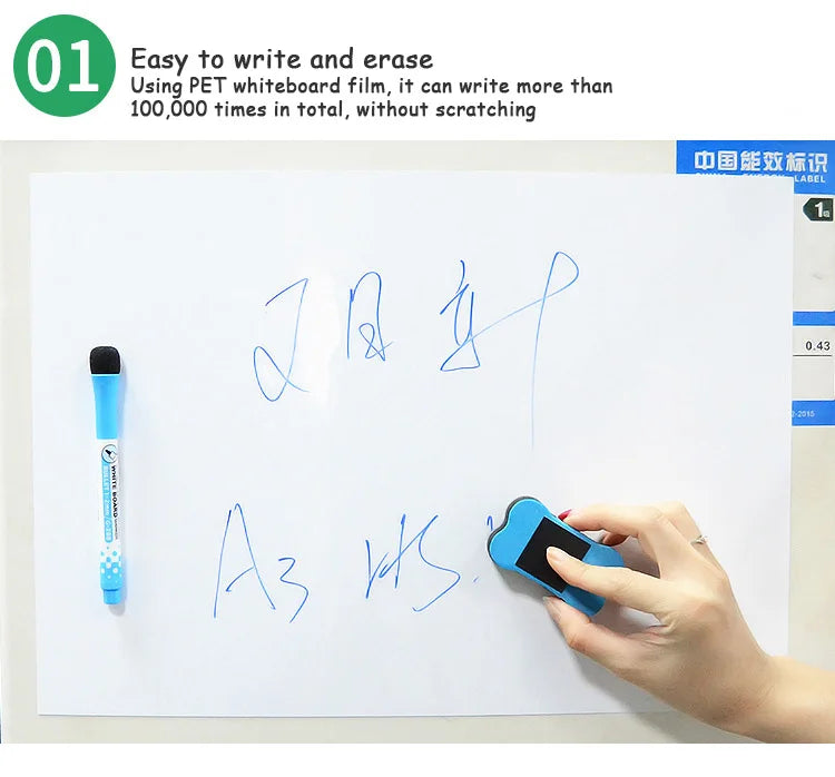 A hand writes on a white board using a blue marker, demonstrating the easy writing and erasing capability of a PET whiteboard