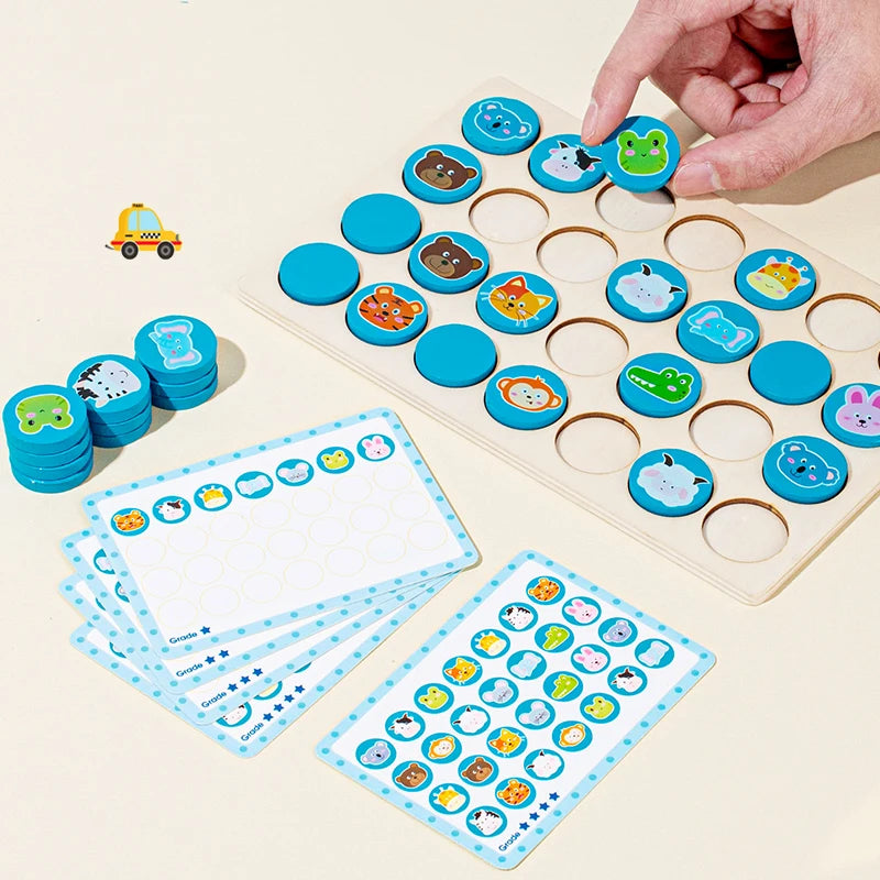 A wooden memory chess game featuring colorful pieces and a board, with a hand placing a piece.