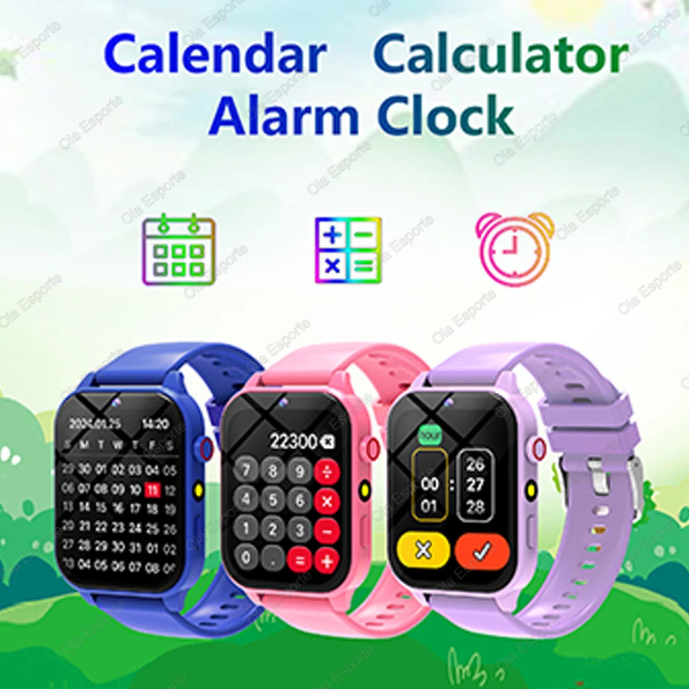 A collection of smartwatches and related icons for a calendar, calculator, alarm, and clock.