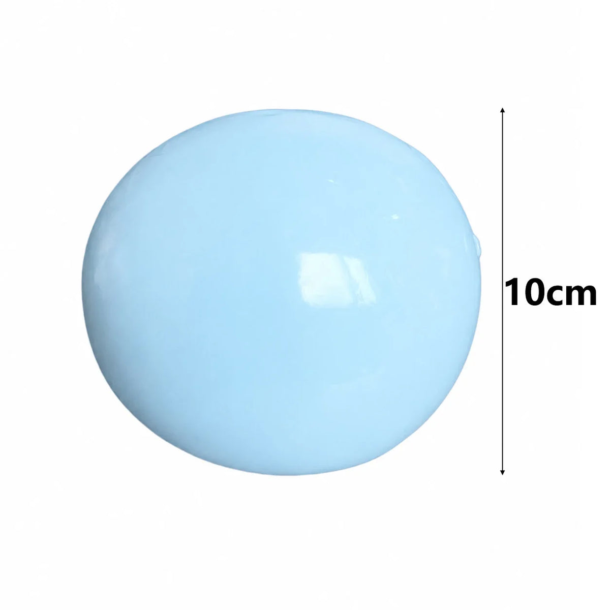 A light blue, spherical squishy ball with a 10cm height measurement.