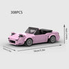 A pink classic rally car building block set with a black roof and interior visible from the side.