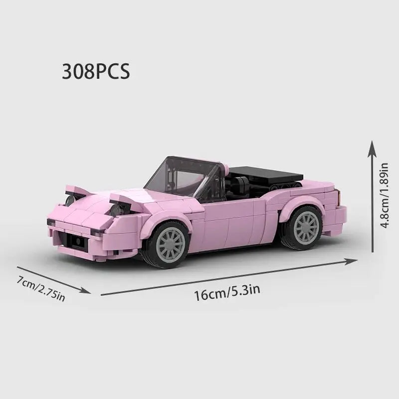 A pink classic rally car building block set with a black roof and interior visible from the side.