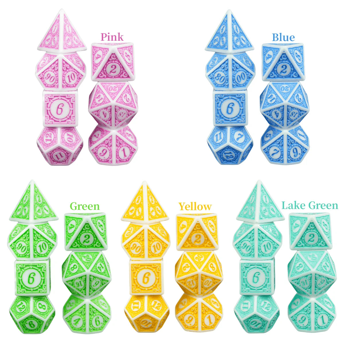 A set of seven polyhedral dice in pink, blue, green, yellow, and lake green colors.
