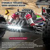 Close-up of a hydraulic threaded shock absorber design on an RC monster truck suspension system.