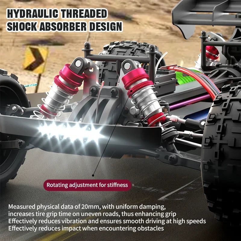 Close-up of a hydraulic threaded shock absorber design on an RC monster truck suspension system.