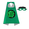 A green superhero cape and mask set for kids with a clenched fist emblem