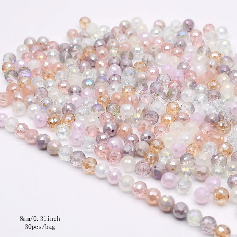 Faceted Round Crystal Glass Beads - 8mm Mixed Colors, 30-Pack