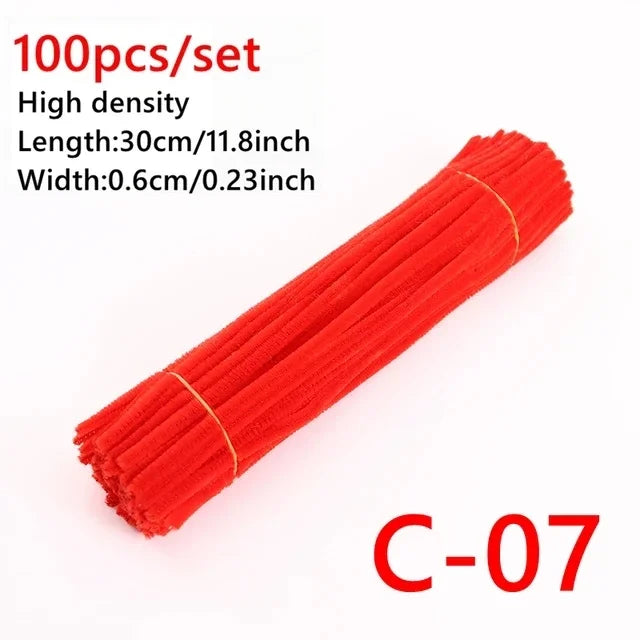 A bundle of 100 red chenille stem craft sticks, measuring 30cm long and 0.6cm wide.