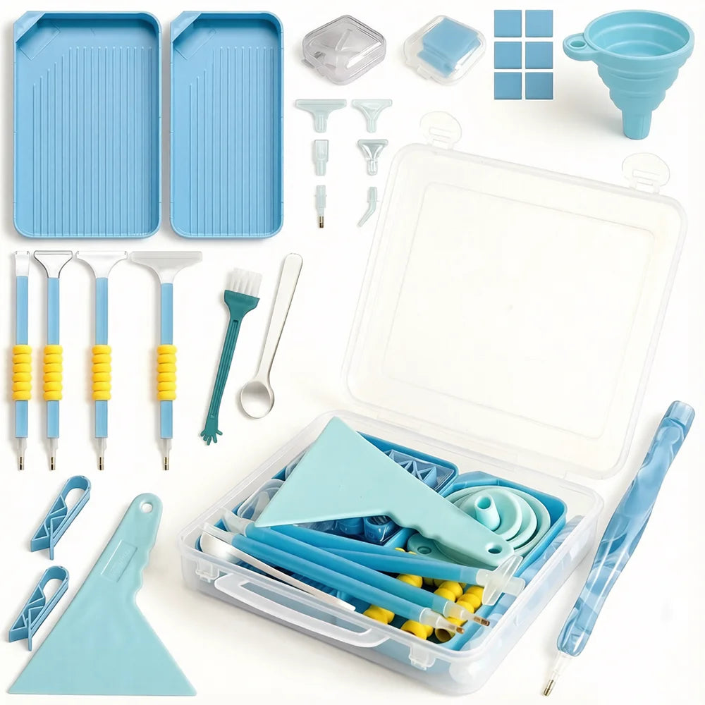 A collection of diamond painting supplies including trays, dotting pens, funnels, and tools in blue and white.