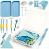 A collection of diamond painting supplies including trays, dotting pens, funnels, and tools in blue and white.