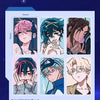A display of various proportional small cards featuring anime-style characters.