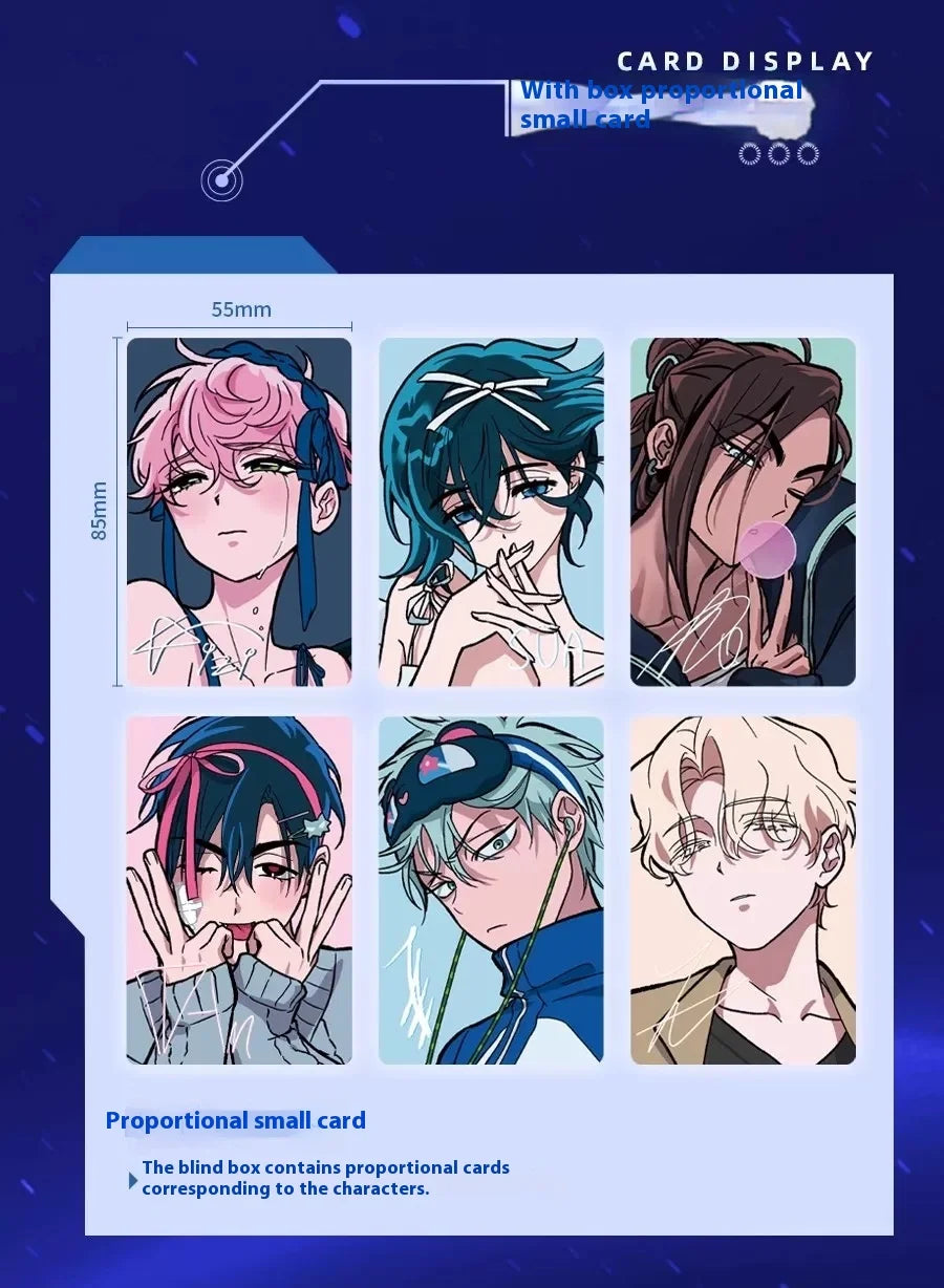 A display of various proportional small cards featuring anime-style characters.