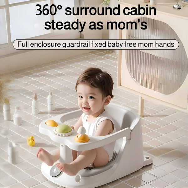 A white non-slip baby bath seat is shown with a baby sitting in it, positioned near a bathtub.