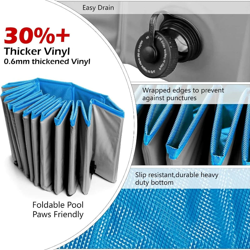Foldable pet bath tub made with thicker vinyl and wrapped edges for easy draining and puncture protection