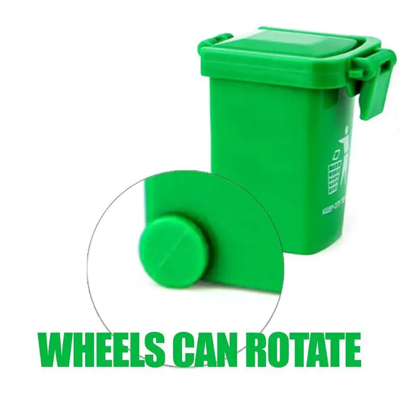 A bright green mini recycling truck toy set with a rotating wheel mechanism.