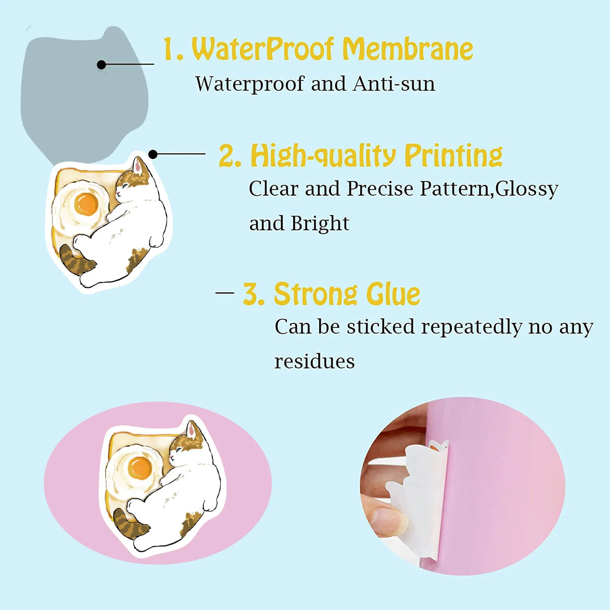 A set of 64 cat cartoon stickers featuring a cat with a fried egg, shown next to a pink surface.