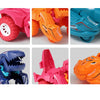 A set of 2-in-1 dinosaur transforming car toys in various colors including pink, orange, and blue.