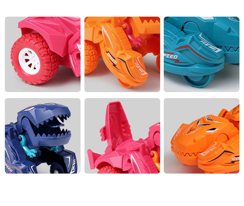 A set of 2-in-1 dinosaur transforming car toys in various colors including pink, orange, and blue.