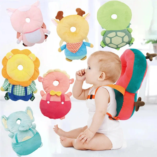 A collection of soft crystal velvet head protection pillows in various colors and shapes for babies.
