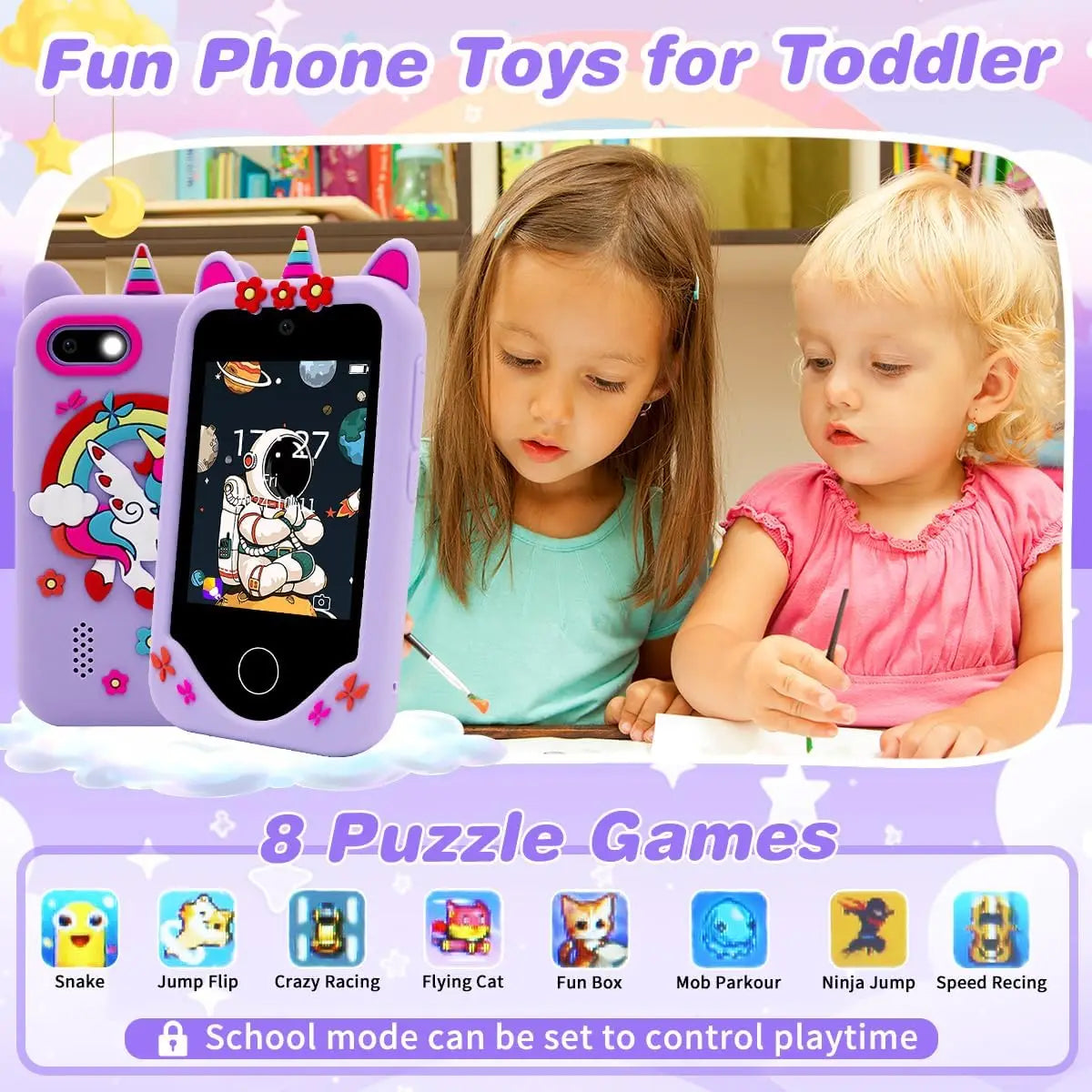 A toddler is playing with a purple and pink smart touchscreen phone toy featuring various puzzle games.