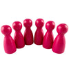 A set of twelve wooden game pawns in six bright pink colors arranged in a line.