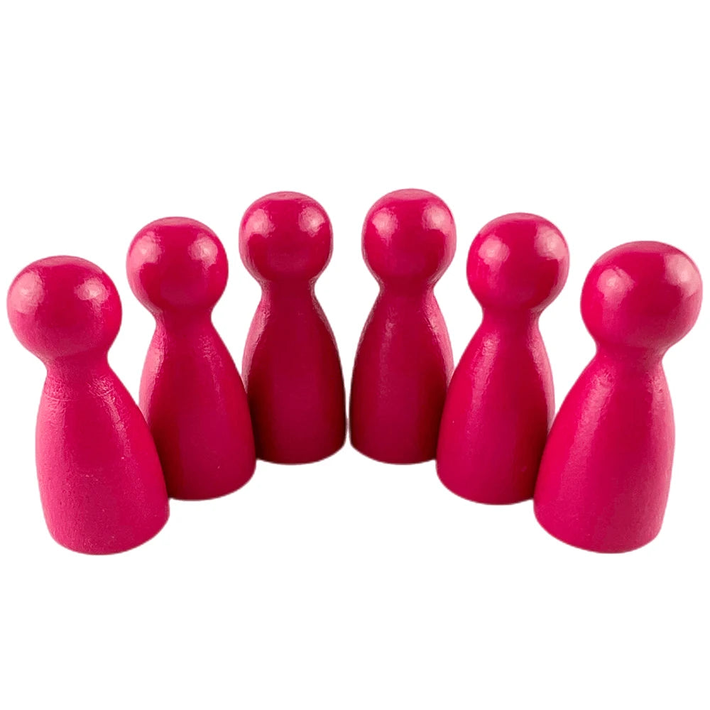 A set of twelve wooden game pawns in six bright pink colors arranged in a line.