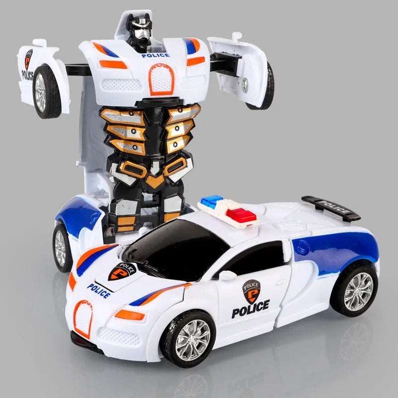 A transforming diecast robot car model featuring a white and orange police theme with a police officer figure.