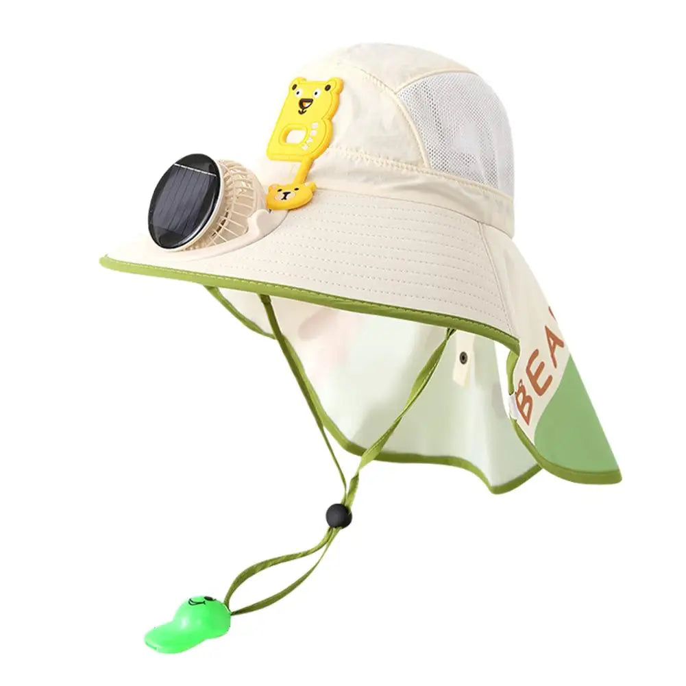 A beige sun hat with a yellow charm and a built-in USB charging fan.