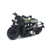 A black vintage-style pull-back motorcycle toy car with a green tank and chrome accents.