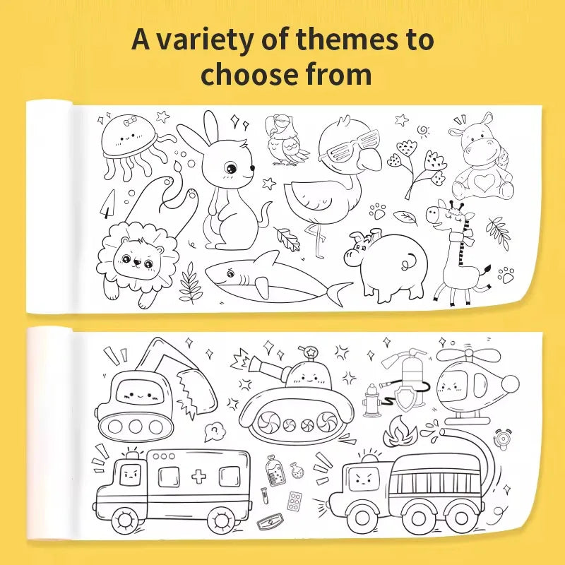 A roll of kids sticky coloring paper featuring various animal and vehicle themes for creative drawing