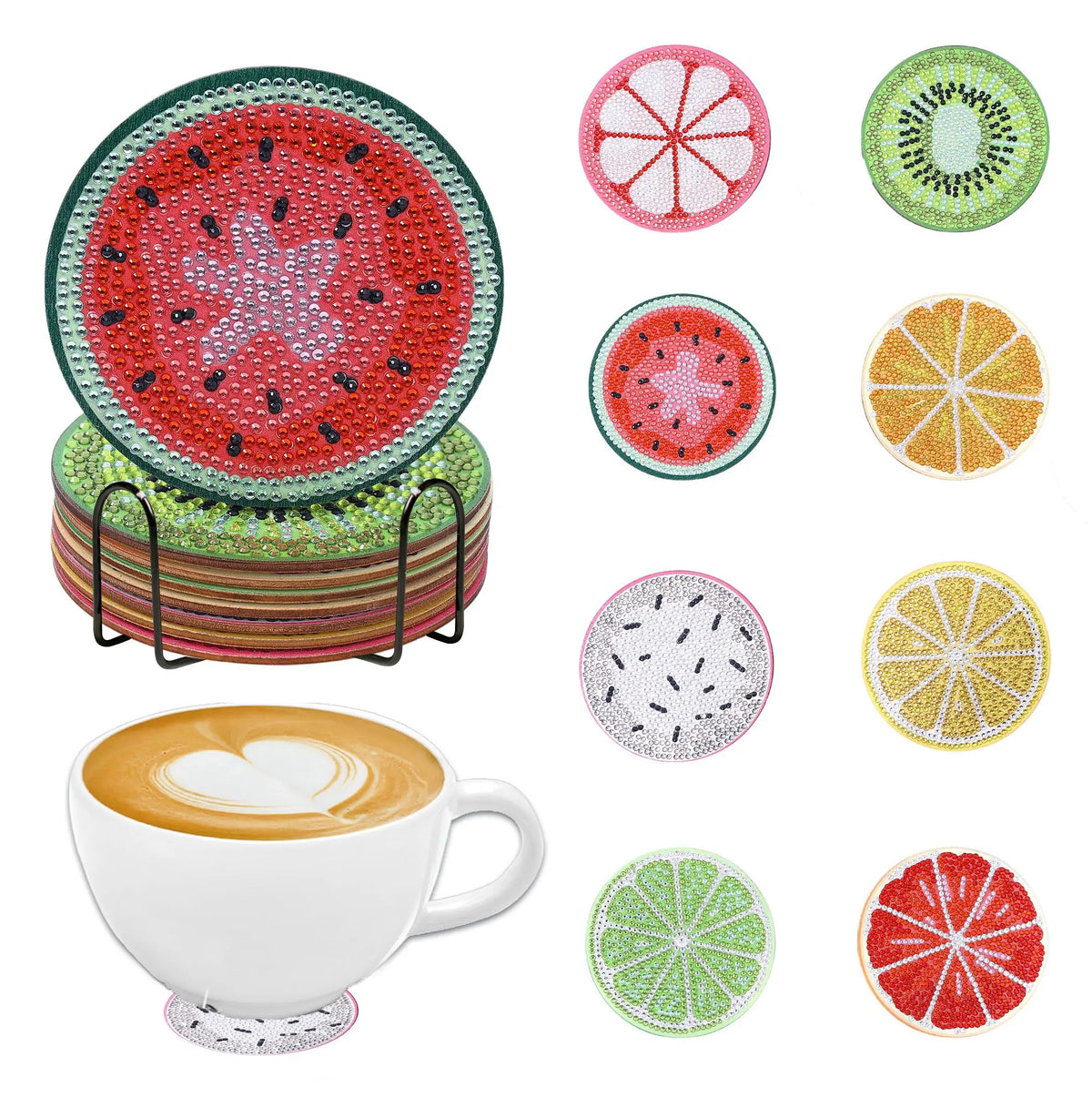 Un ensemble de sous-verres de peinture diamant avec des motifs de fruits variés comme de la pastèque, des tranches d'agrumes 