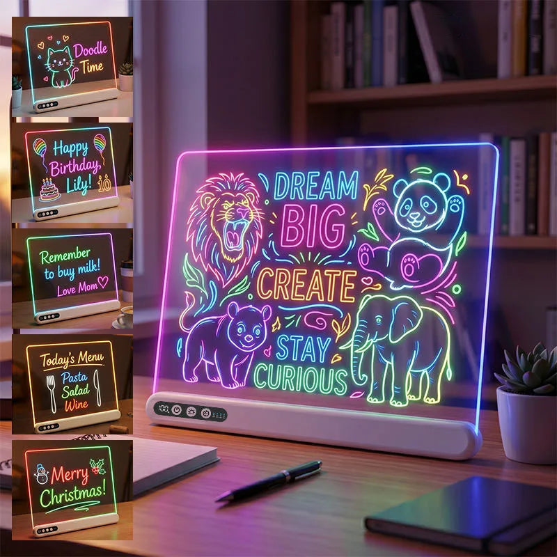 A glowing neon sign featuring a lion, a bear, and an elephant surrounded by text like Dream Big Create Stay Curious